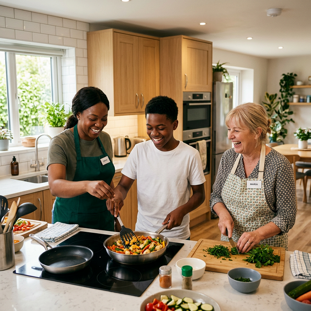Staff supporting young person with cooking