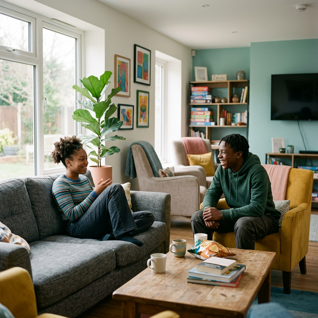 Two Black teenagers relaxing in a comfortable shared lounge